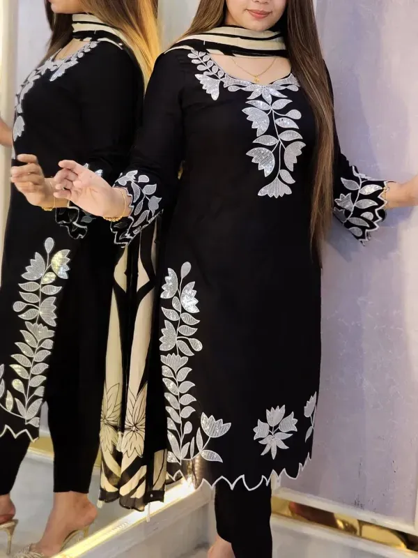 Sequence and embroidery work 3 piece set black